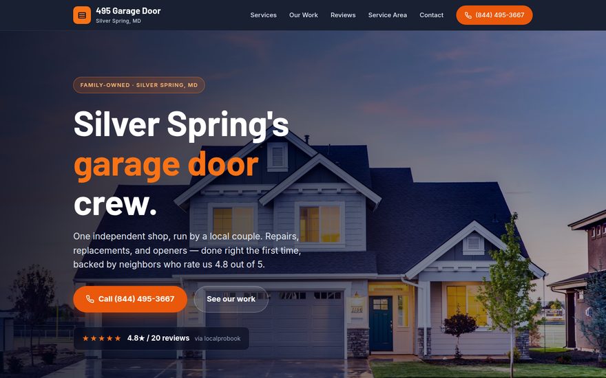 Screenshot of the 495 Garage Door website homepage