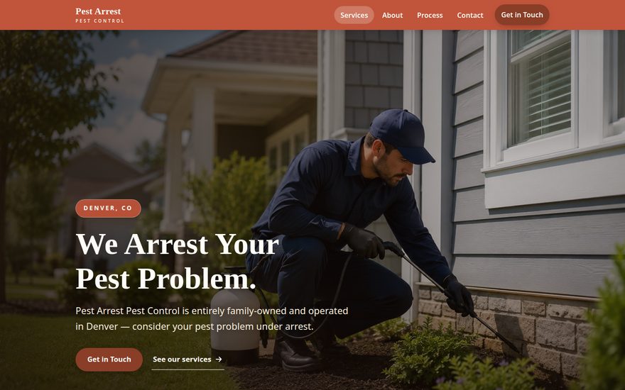 Screenshot of the Pest Arrest Pest Control website homepage, technician treating a home